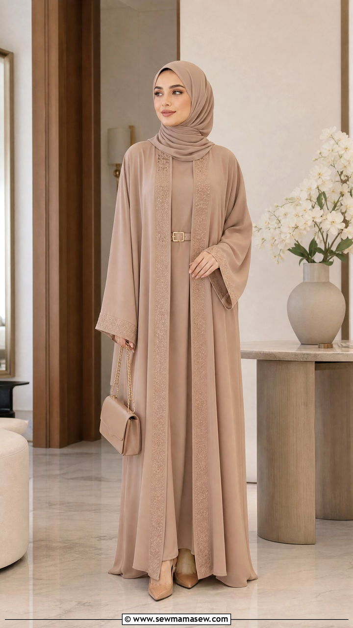 Nude Tone Abaya Set with Matching Hijab - 30 Eid outfit ideas with hijab