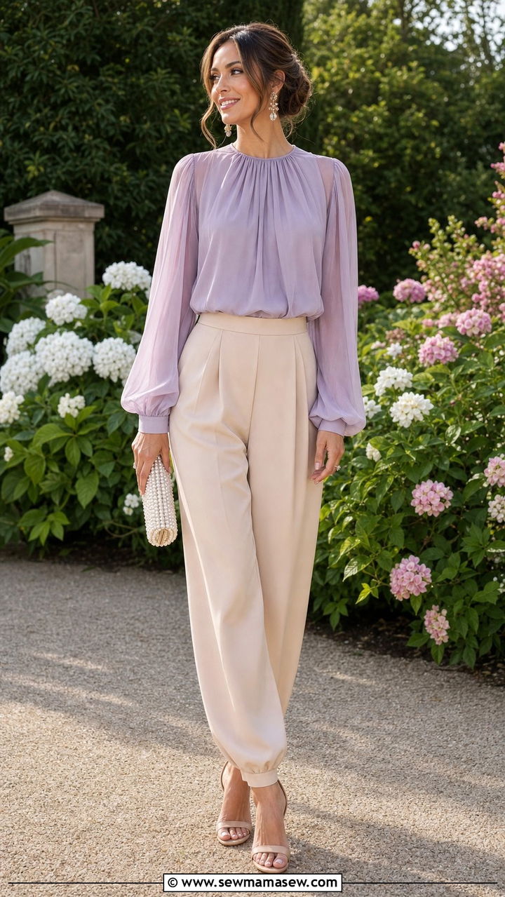 Nude balloon pants with pastel blouse - 35 balloon pants outfits for women