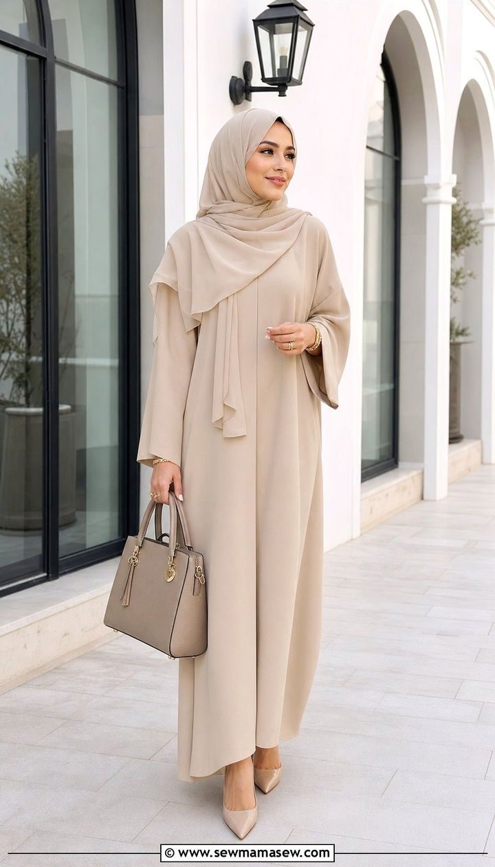 Nude tone abaya with minimal jewelry - 25 Eid outfit ideas with abaya