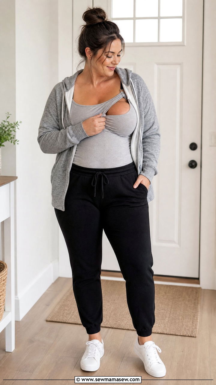 Nursing Cami with Soft Joggers and Zip Hoodie - 25 Plus size nursing outfit ideas
