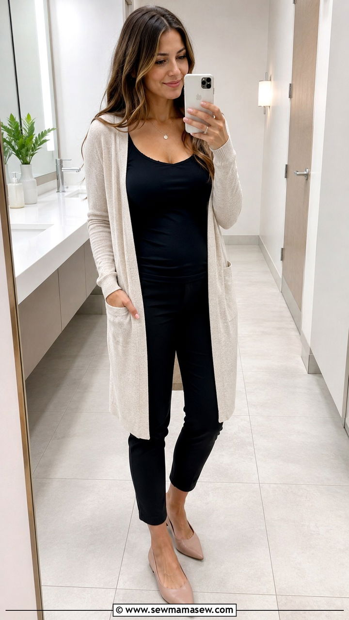 Nursing Camisole Layered Under an Open Cardigan with Skinny Ankle Pants - 25 Pumping friendly work outfits