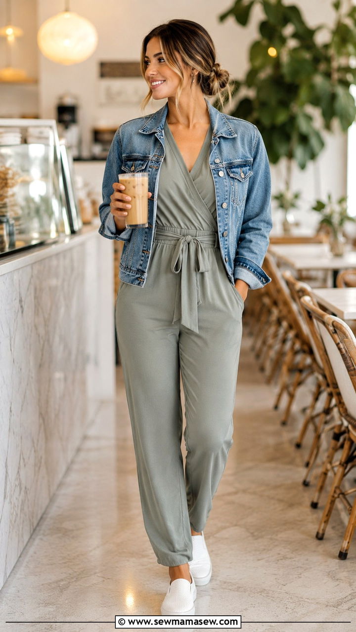 Nursing Friendly Jumpsuit with a Denim Jacket - 30 Spring outfit ideas for new mom