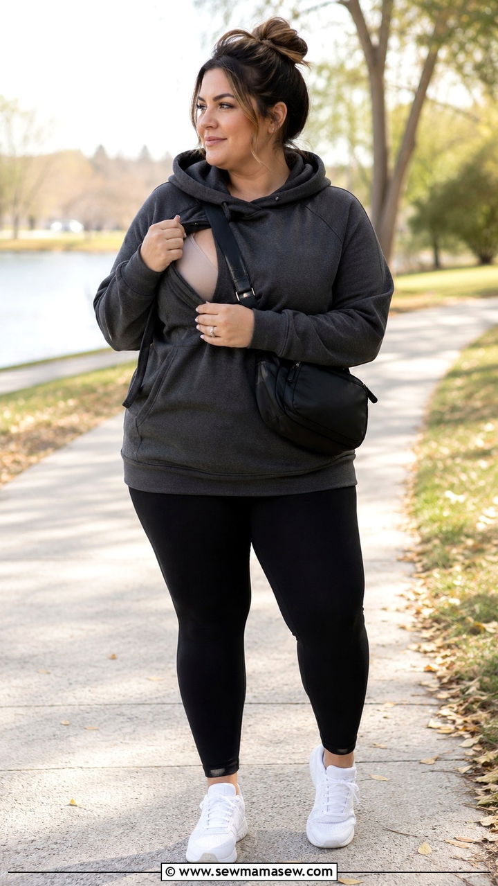 Nursing Hoodie with Leggings and Crossbody Bag - 25 Plus size nursing outfit ideas
