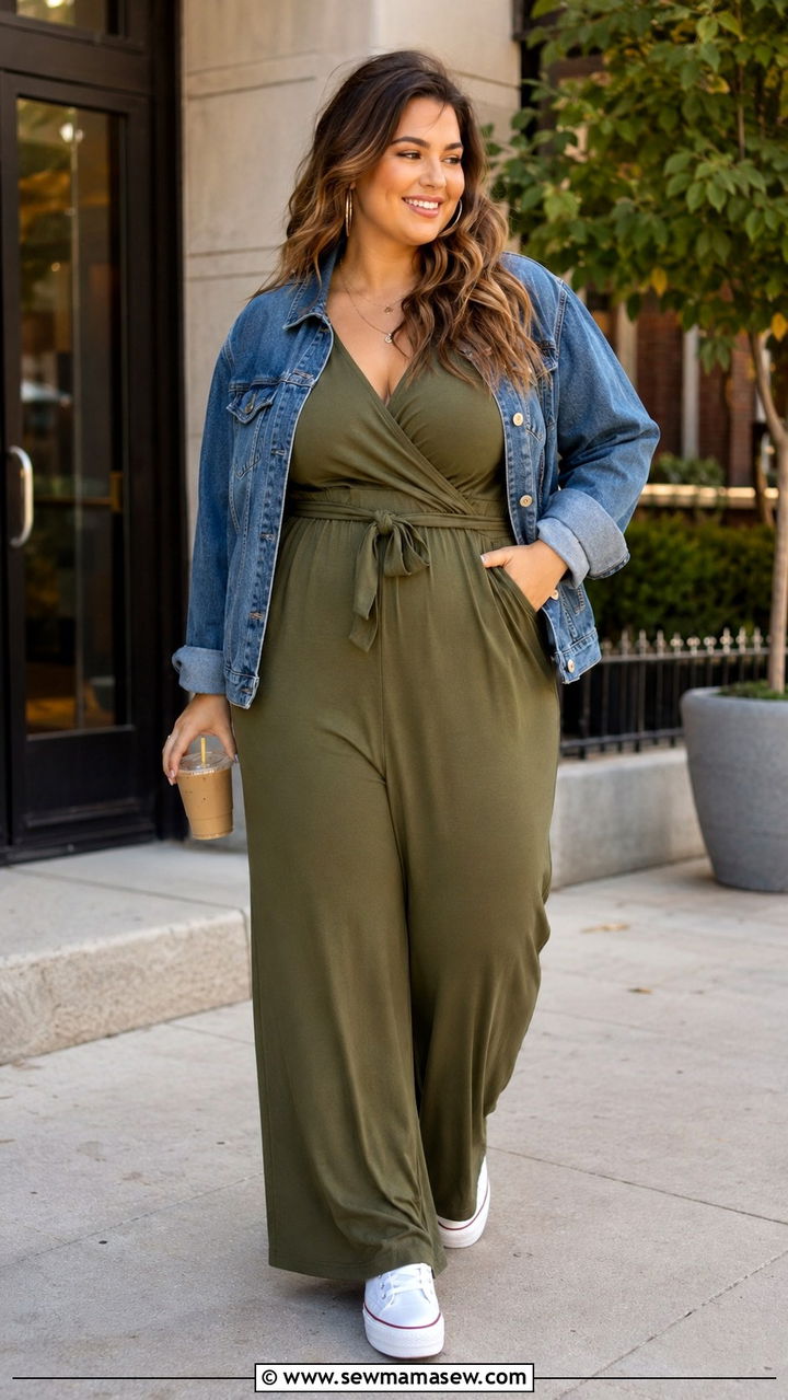Nursing Jumpsuit with Denim Jacket and White Sneakers - 25 Plus size nursing outfit ideas