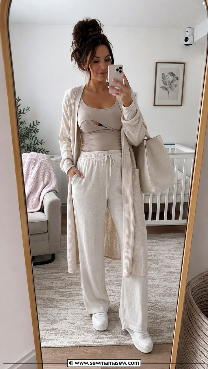Nursing Tank And Wide Leg Joggers With Open Cardigan - 20 Postpartum outfit ideas week 6