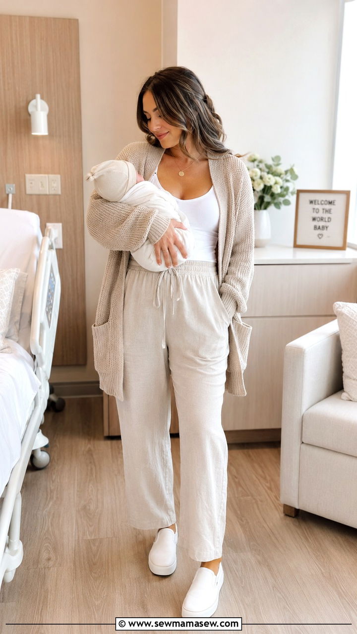 Nursing Tank Open Cardigan and Linen Pants - 20 Maternity outfit ideas come home outfit