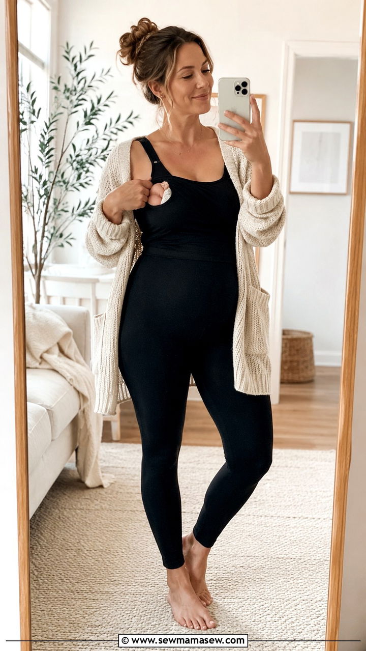 Nursing Tank with High Waisted Leggings and Open Cardigan - 25 Postpartum outfit ideas 2026