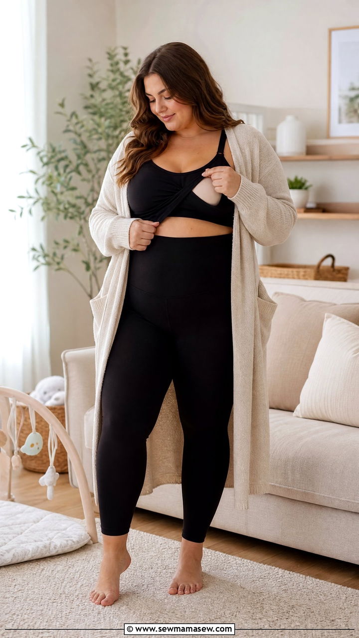 Nursing Tank with High Waisted Leggings and Open Cardigan - 25 Plus size nursing outfit ideas