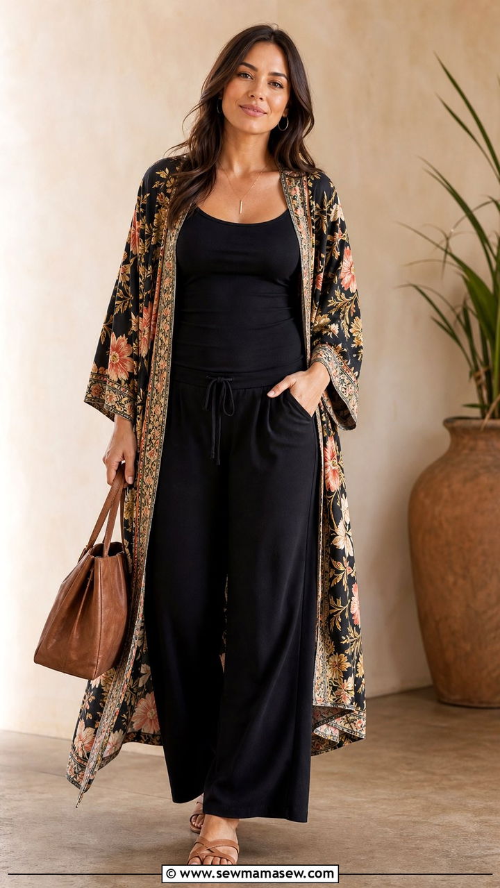 Nursing Tank with Kimono and Wide Leg Pants - 25 classy outfits for new moms
