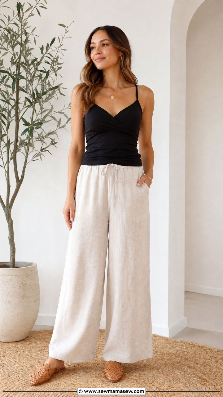Nursing cami and wide leg linen pants with woven mules - 30 summer outfits for postpartum women