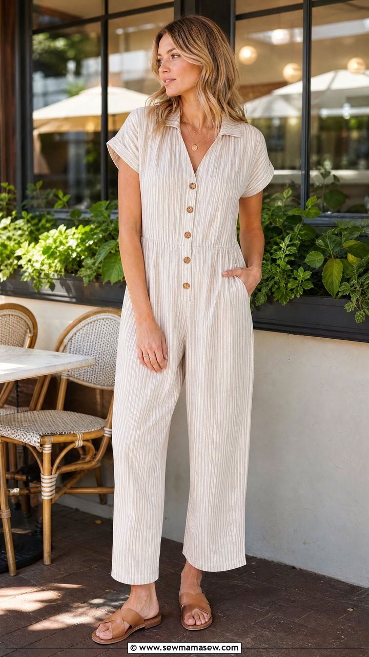 Nursing friendly jumpsuit with front buttons and flat sandals - 30 Summer outfit ideas for postpartum women
