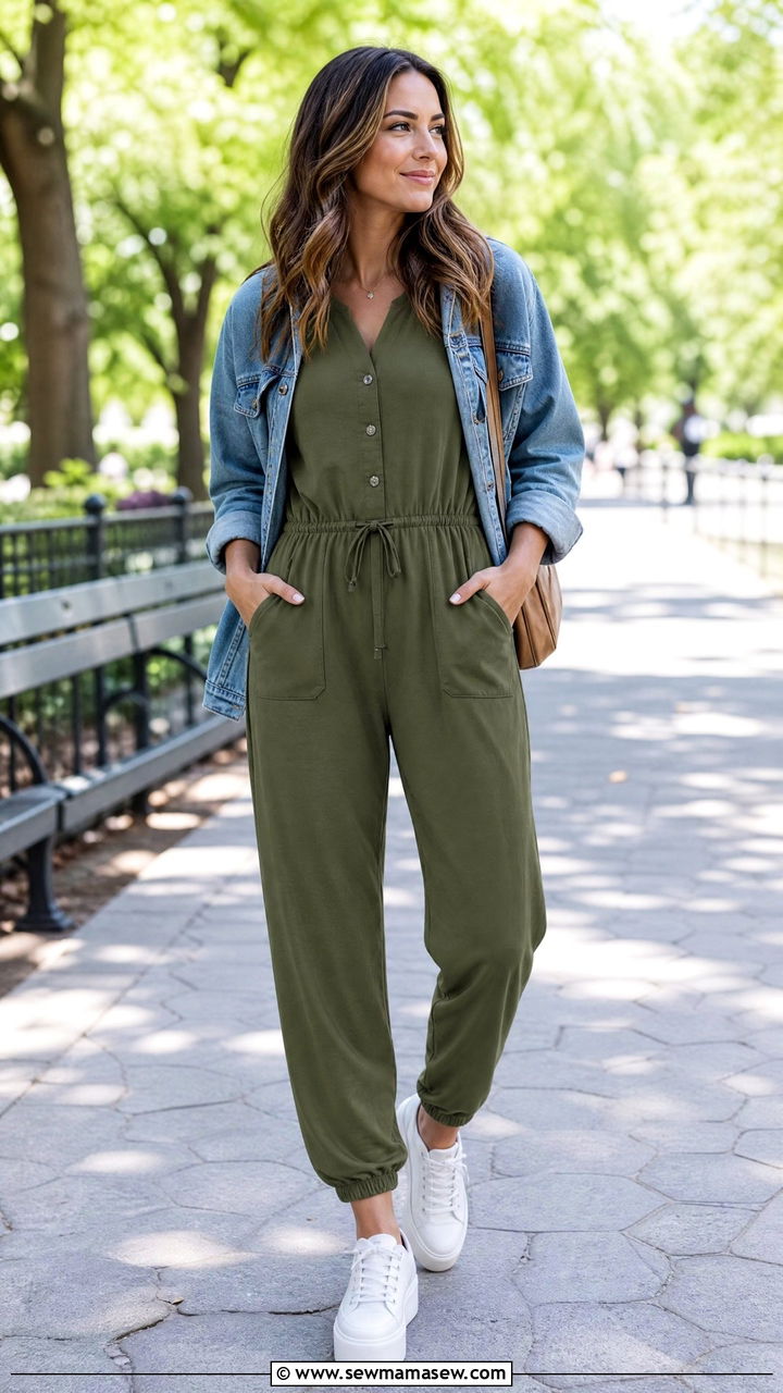 Nursing friendly jumpsuit with sneakers outfit - 25 Nursing friendly outfit ideas