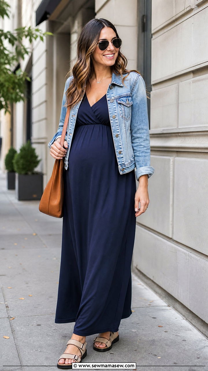 Nursing friendly maxi dress with sport sandals and a denim jacket - 30 Summer outfit ideas for postpartum women