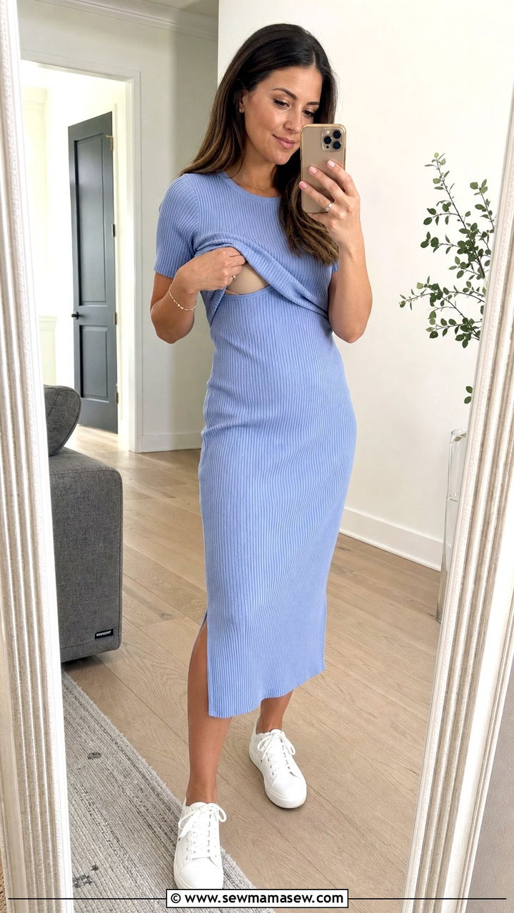 Nursing friendly ribbed knit midi dress with sneakers - 25 spring outfits for postpartum moms