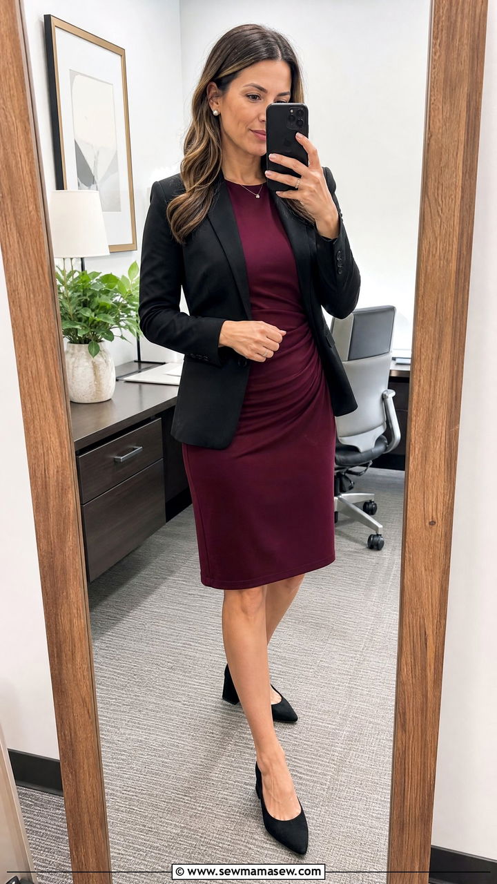 Nursing friendly sheath dress with blazer - 25 work outfits for postpartum women