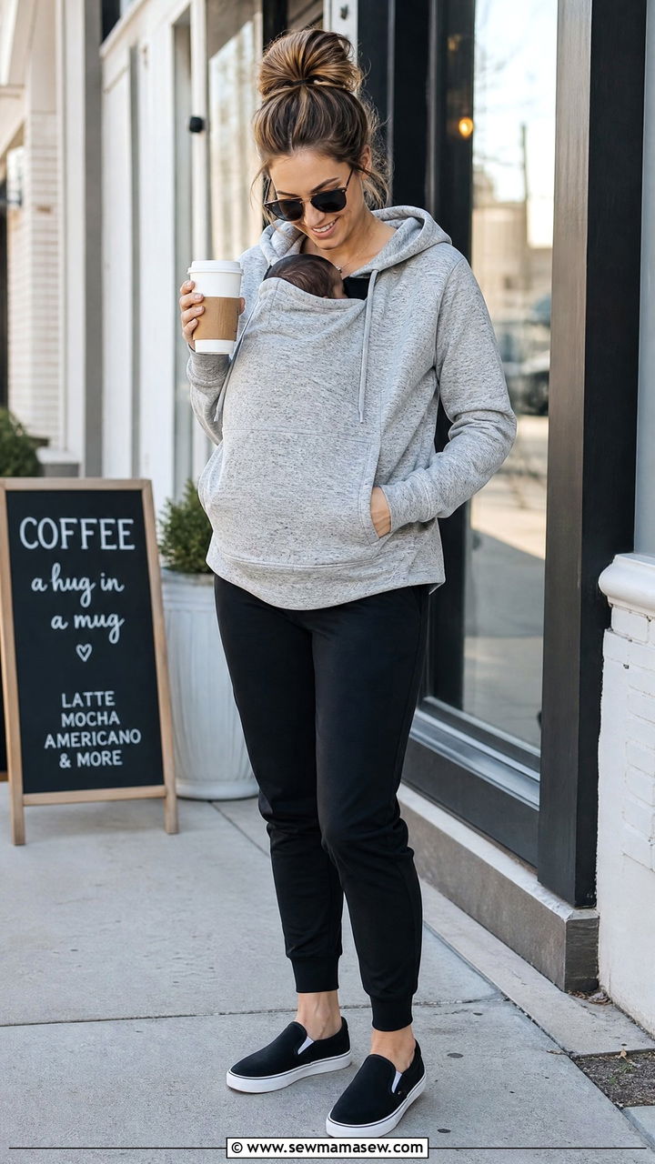 Nursing hoodie and joggers with slip on canvas sneakers - 30 summer outfits for postpartum women