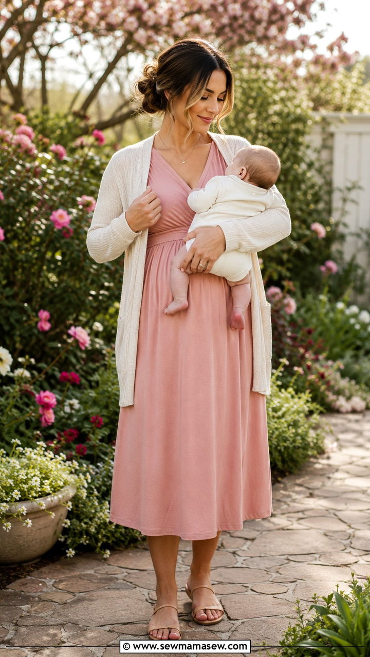 Nursing midi dress with a lightweight open cardigan and flat sandals - 30 Postpartum outfit ideas summer