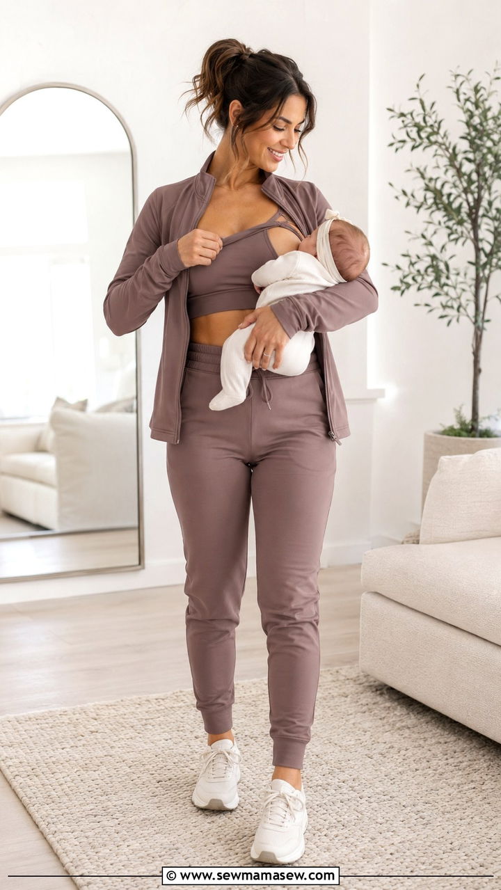 Nursing sports bra and joggers postpartum outfit - 25 outfit ideas for postpartum women