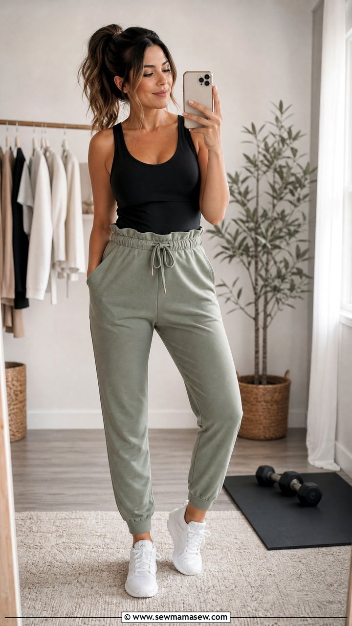 Nursing tank and paperbag waist joggers - 25 Postpartum gym outfit ideas
