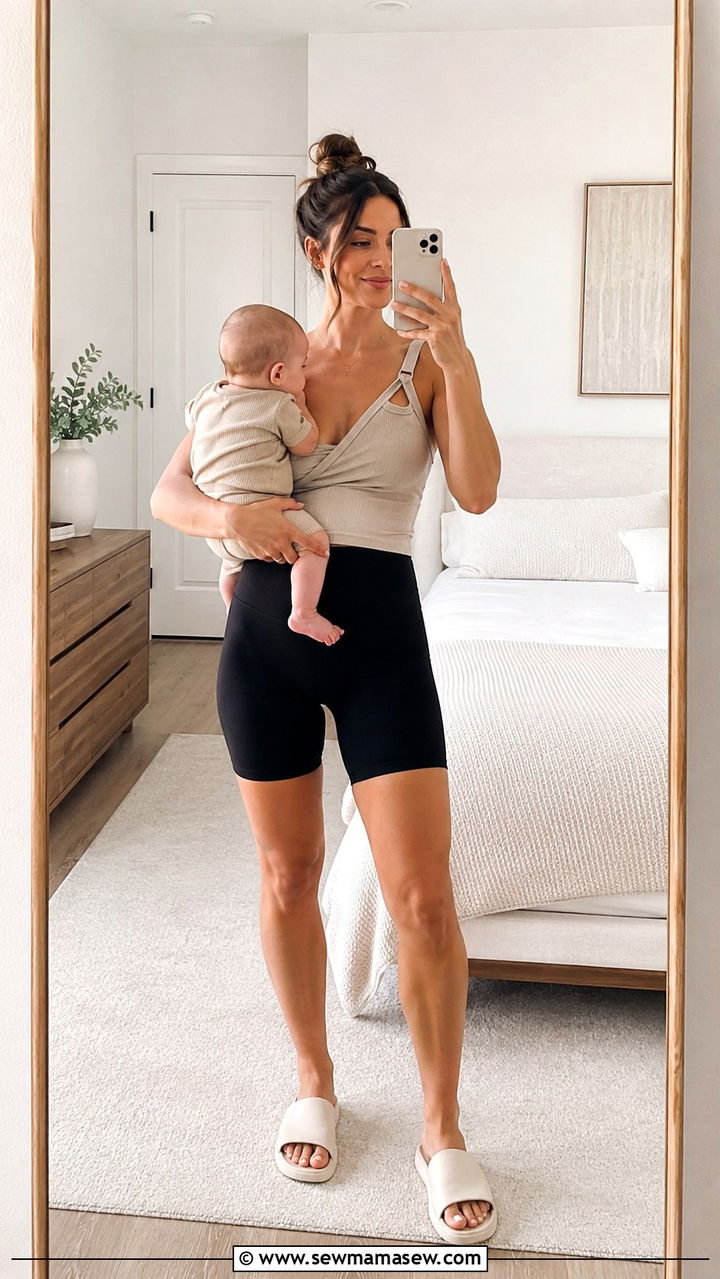 Nursing tank top with high waisted biker shorts and slide sandals - 30 Postpartum outfit ideas summer