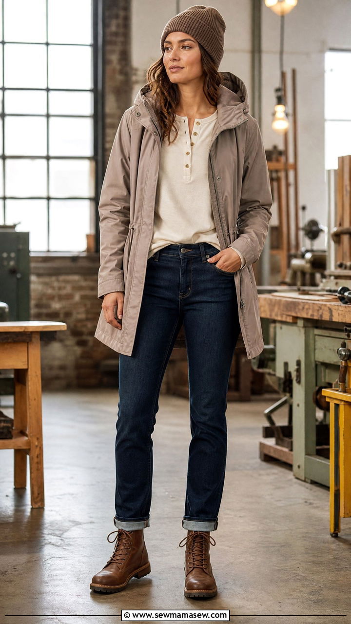Nylon Hooded Coat With A Henley Top Straight Leg Jeans And Work Boots - 35 Hooded coat outfit ideas