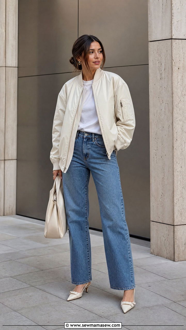 Nylon Technical Bomber With Straight Leg Jeans - 25 chic bomber jacket outfit ideas