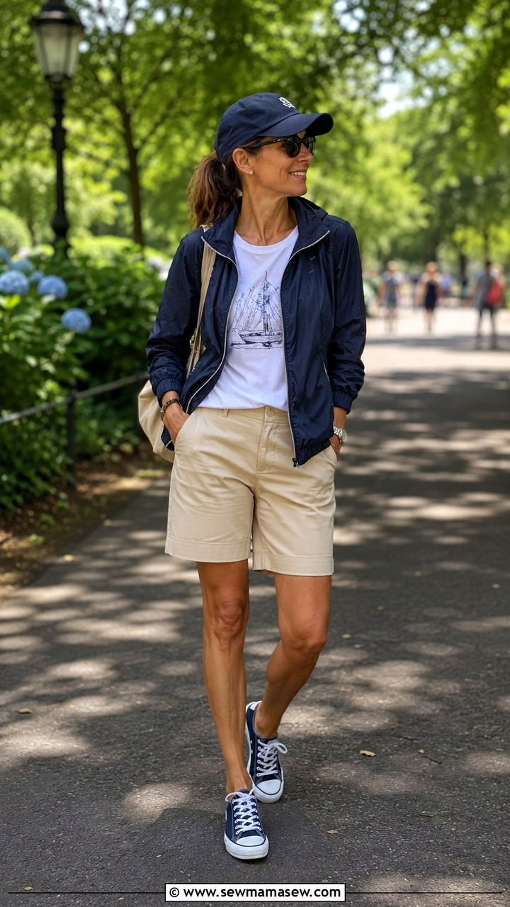 Nylon Track Jacket with a Graphic Tee and Bermuda Shorts - 30 Outfit ideas for women over 40 sporty chic