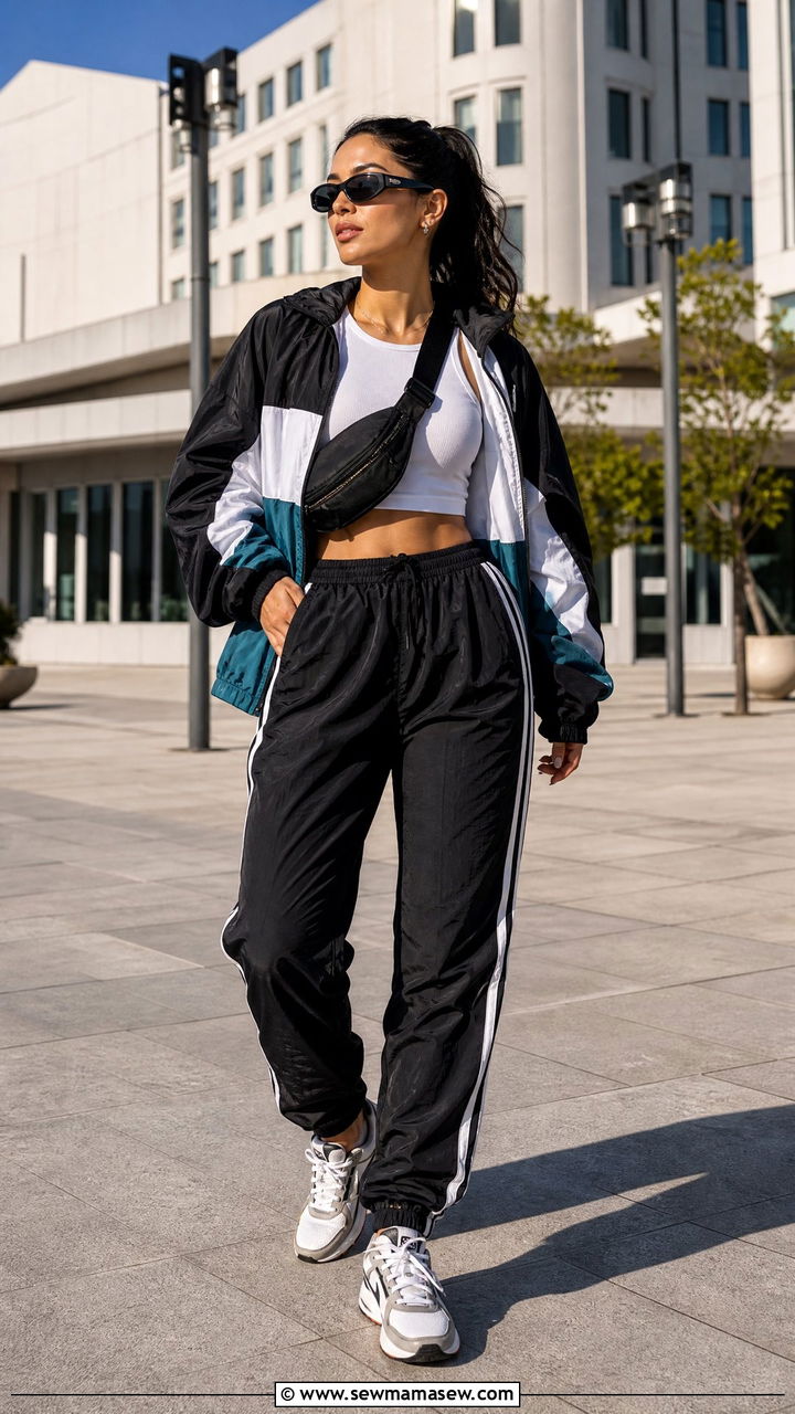 Nylon Track Pants With A Crop Top And Color Blocked Windbreaker - 30 streetwear outfits ideas