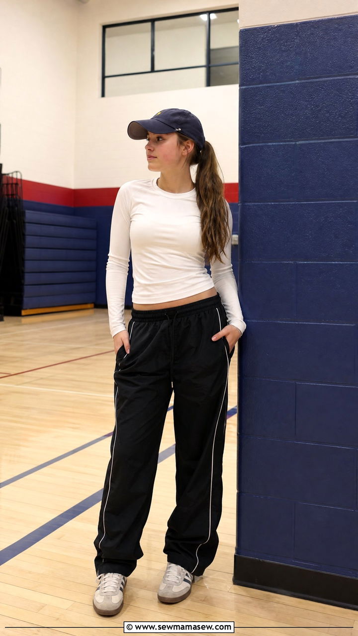 Nylon Track Pants and Fitted Long Sleeve Tee With Retro Trainers - 25 Gym outfit ideas school