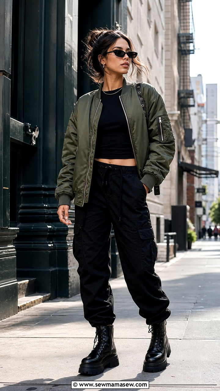Nylon bomber jacket with cargo trousers and combat boots - 25 Spring outfits with bomber jackets
