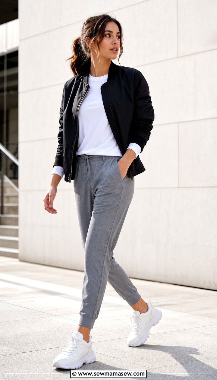 Nylon bomber jacket with joggers - 35 Bomber jacket outfit ideas