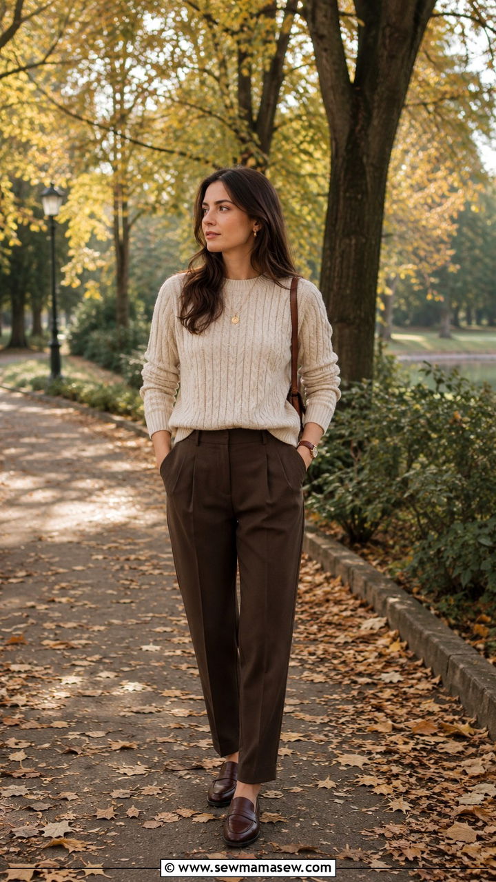 Oatmeal Cable Knit Sweater with Tailored Trousers and Loafers - 30 old money outfits inspo