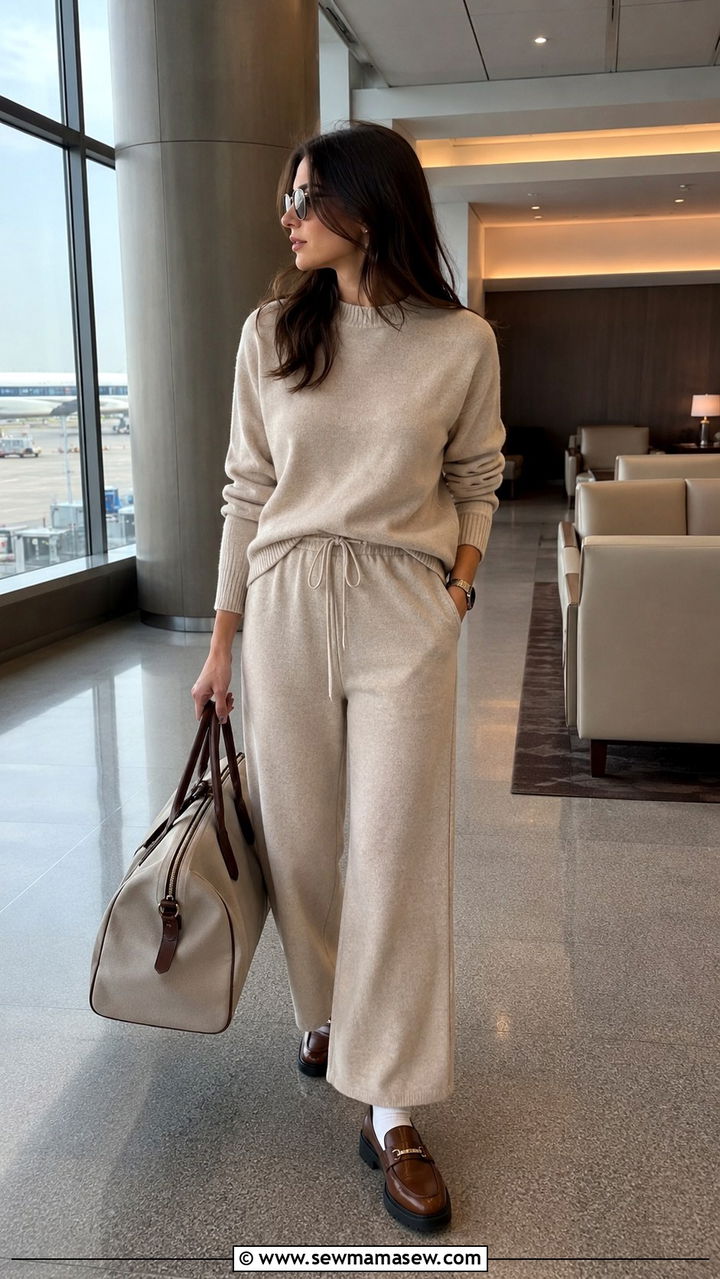 Oatmeal Cashmere Matching Set With Chunky Loafers - 30 Old money outfit ideas for airport