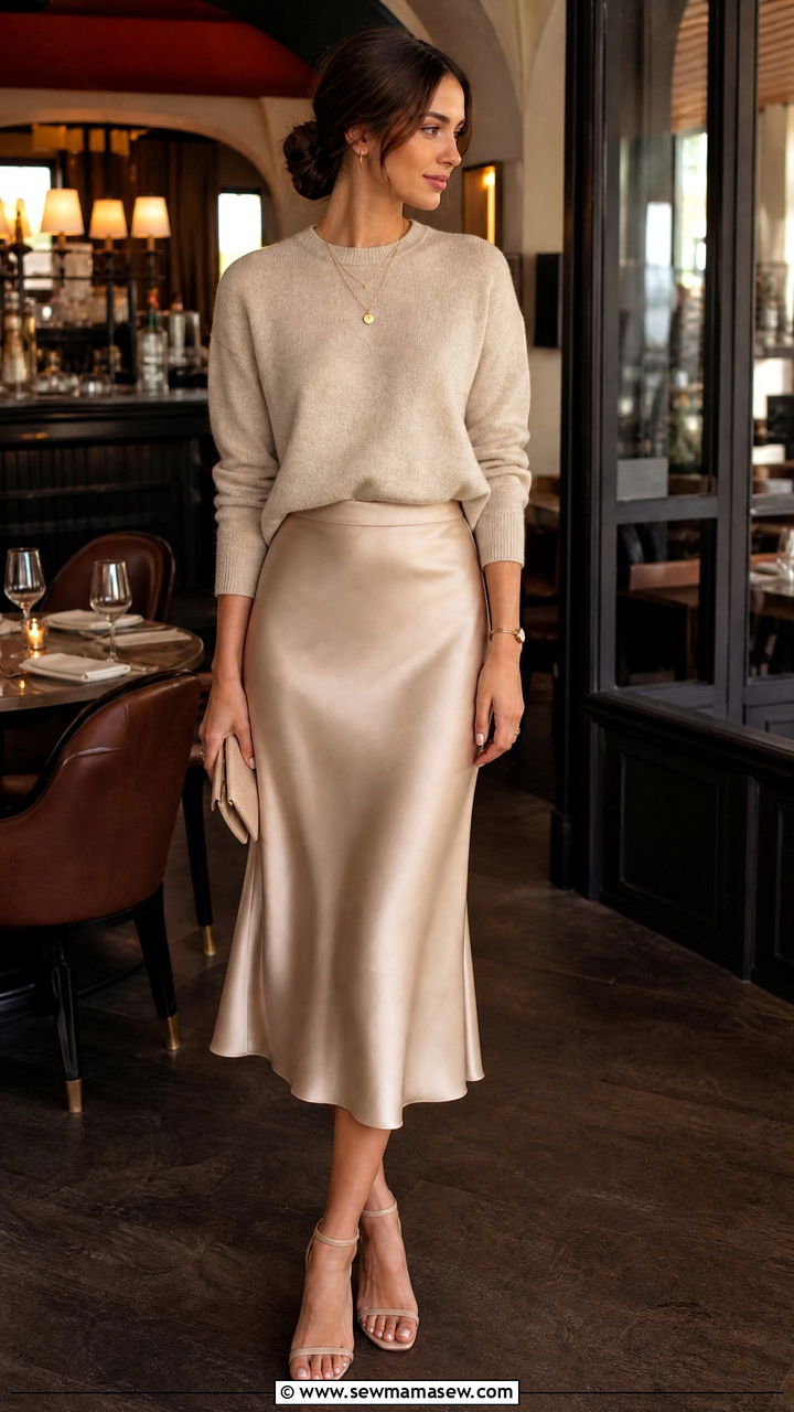 Oatmeal Cashmere Sweater with Satin Skirt - 30 clean girl outfits aesthetic
