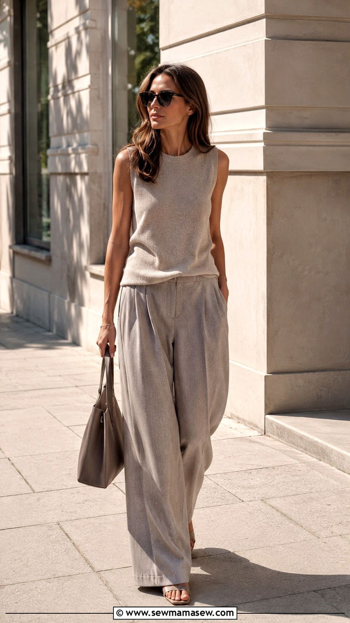 Oatmeal Cashmere Top with Wide Leg Trousers - 20 Quiet luxury outfit ideas Meghan Markle