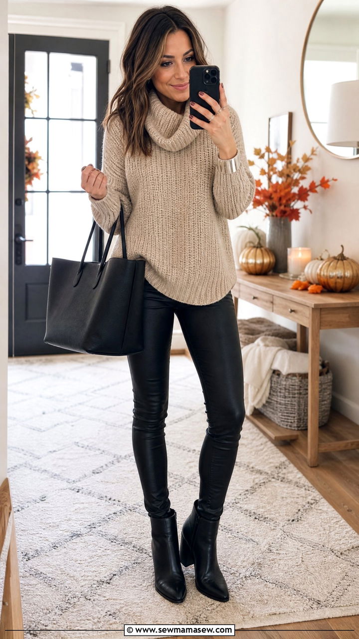 Oatmeal Chunky Knit Sweater and Black Faux Leather Leggings - 30 Clean girl outfit ideas petite