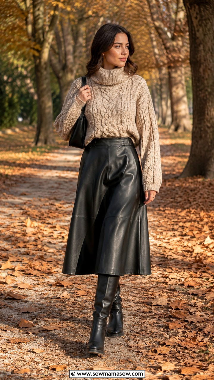 Oatmeal Chunky Knit With Midi Leather Skirt Outfit - 25 Quiet luxury dupes outfit ideas