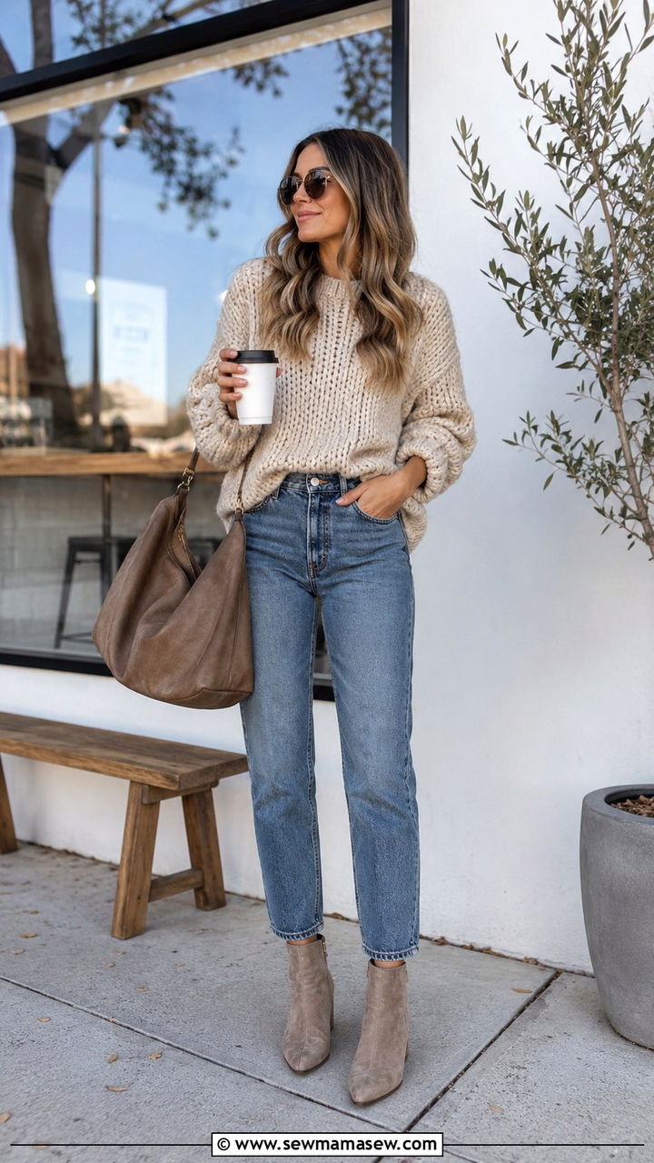 Oatmeal Chunky Knit with Mid Wash Straight Jeans and Suede Boots - 30 Oversized sweater with jeans outfit ideas