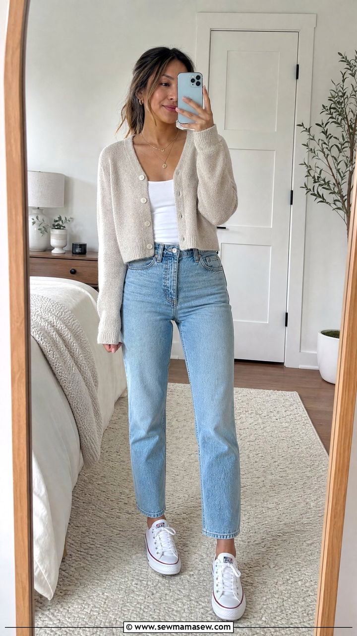 Oatmeal Cropped Cardigan White Cami and Light Wash Straight Leg Jeans - 30 Clean girl outfit ideas petite