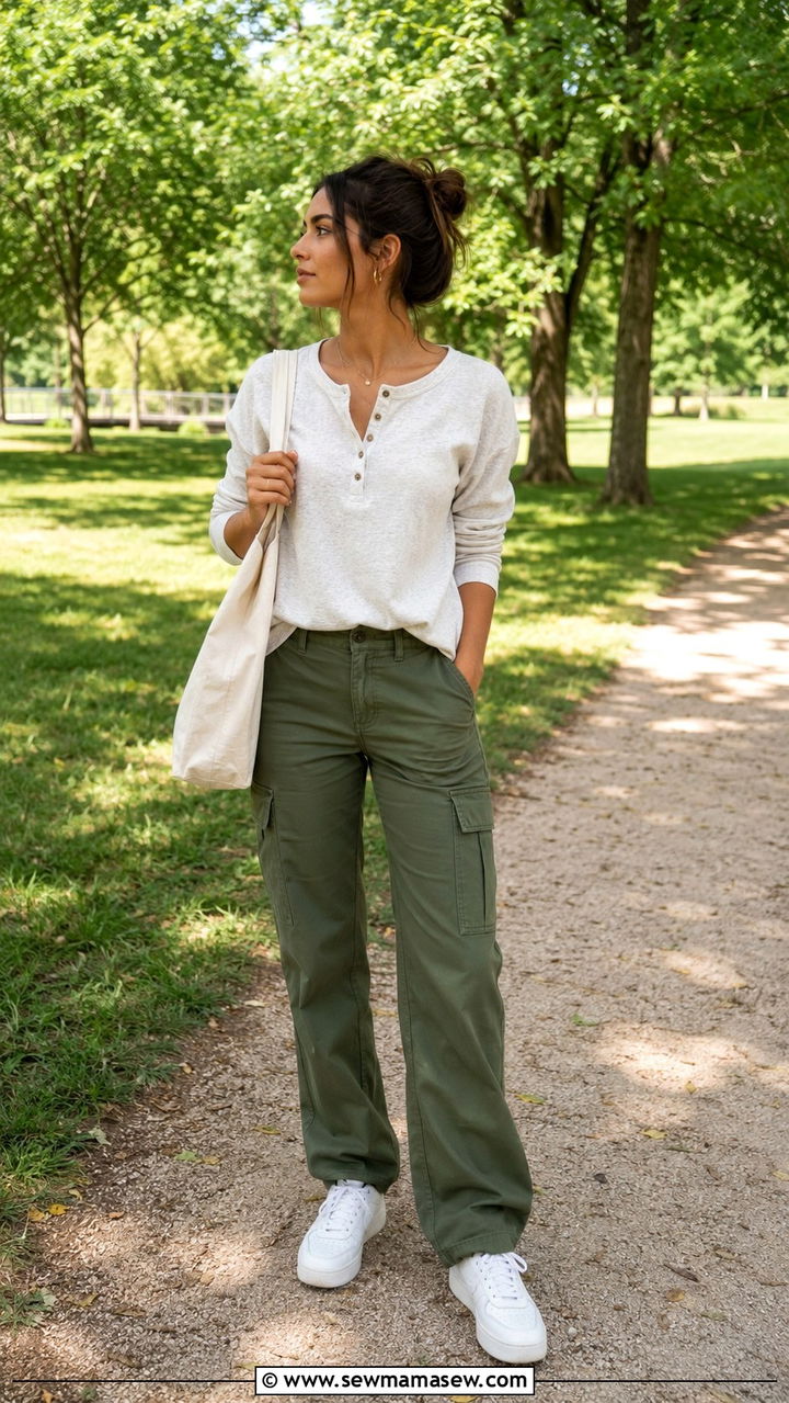 Oatmeal Henley Tee With Olive Green Cargo Pants And Sneakers - 30 casual clean girl outfits