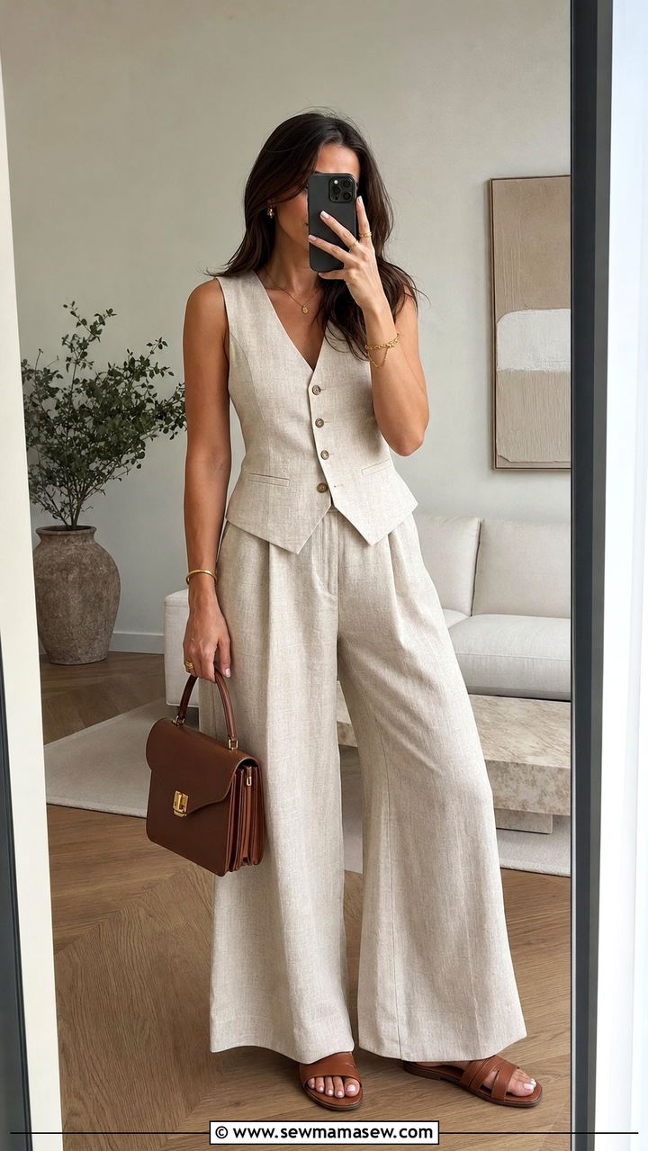 Oatmeal Linen Vest And Wide Leg Pants - 25 Summer clean girl outfits 2026