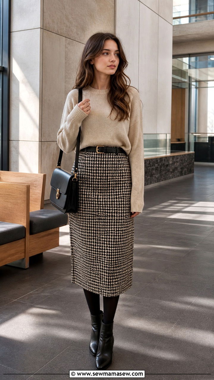 Oatmeal Sweater And Houndstooth Skirt - 40 light academia outfits ideas