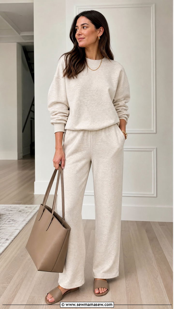 Oatmeal Sweatsuit with Minimal Accessories - 25 Matching sweatsuit outfit ideas