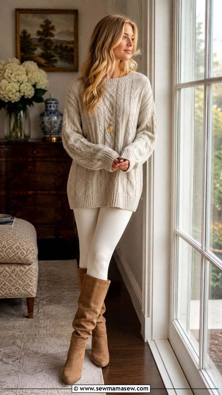 Oatmeal Tunic Sweater Over Ivory Leggings - 20 Old money loungewear outfit ideas