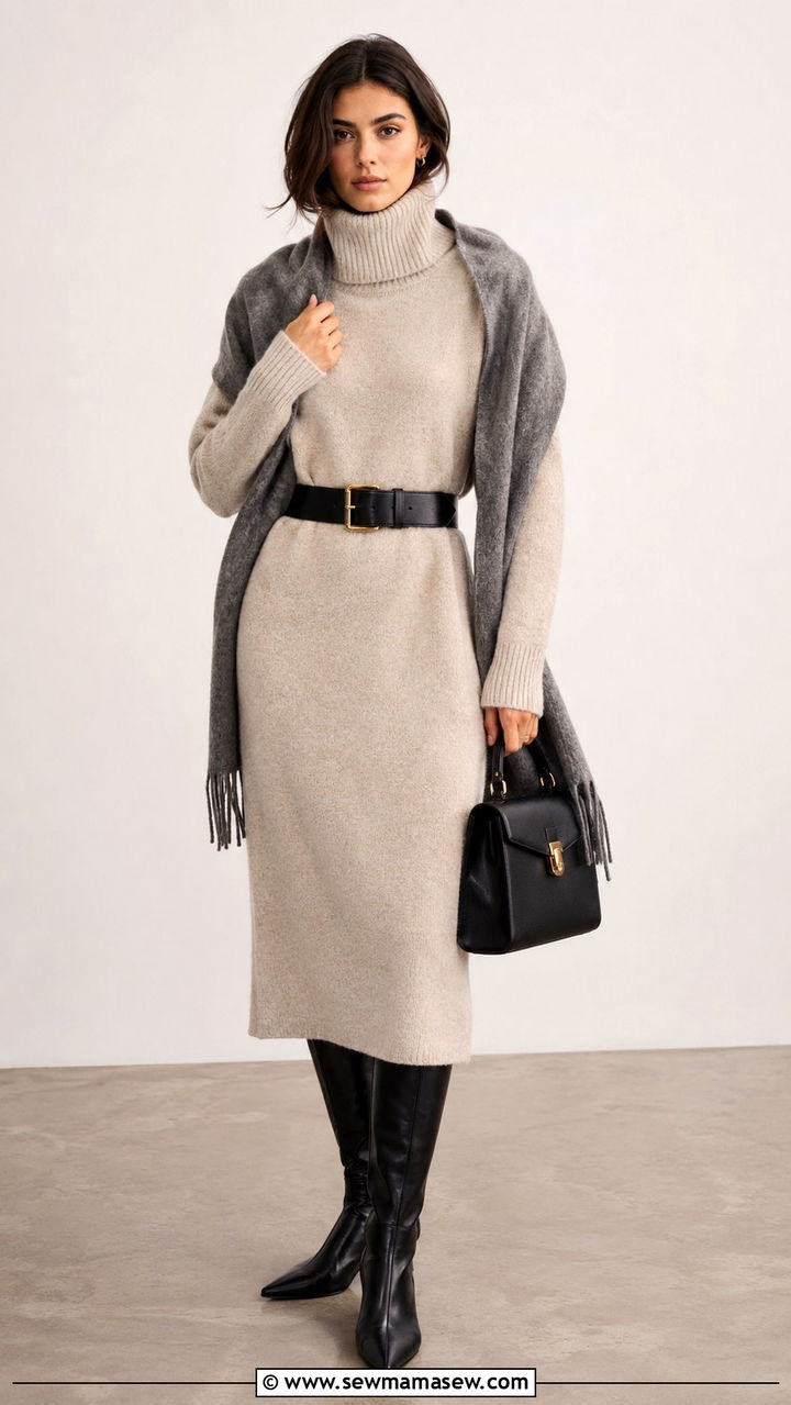 Oatmeal cashmere sweater dress and leather knee boots outfit - 25 Quiet luxury minimalist outfit ideas
