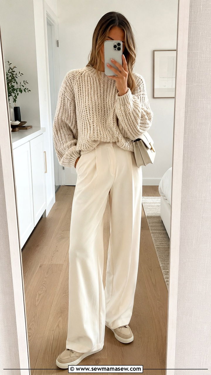 Oatmeal knit sweater with cream wide leg trousers - 30 quiet luxury capsule wardrobe outfits