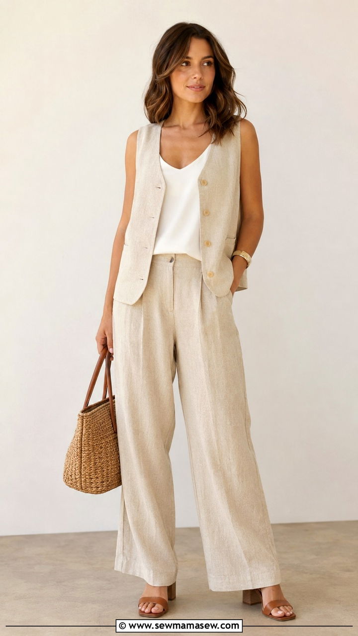 Oatmeal linen sleeveless vest and matching wide leg pants set outfit - 20 Low key summer outfit ideas 2026