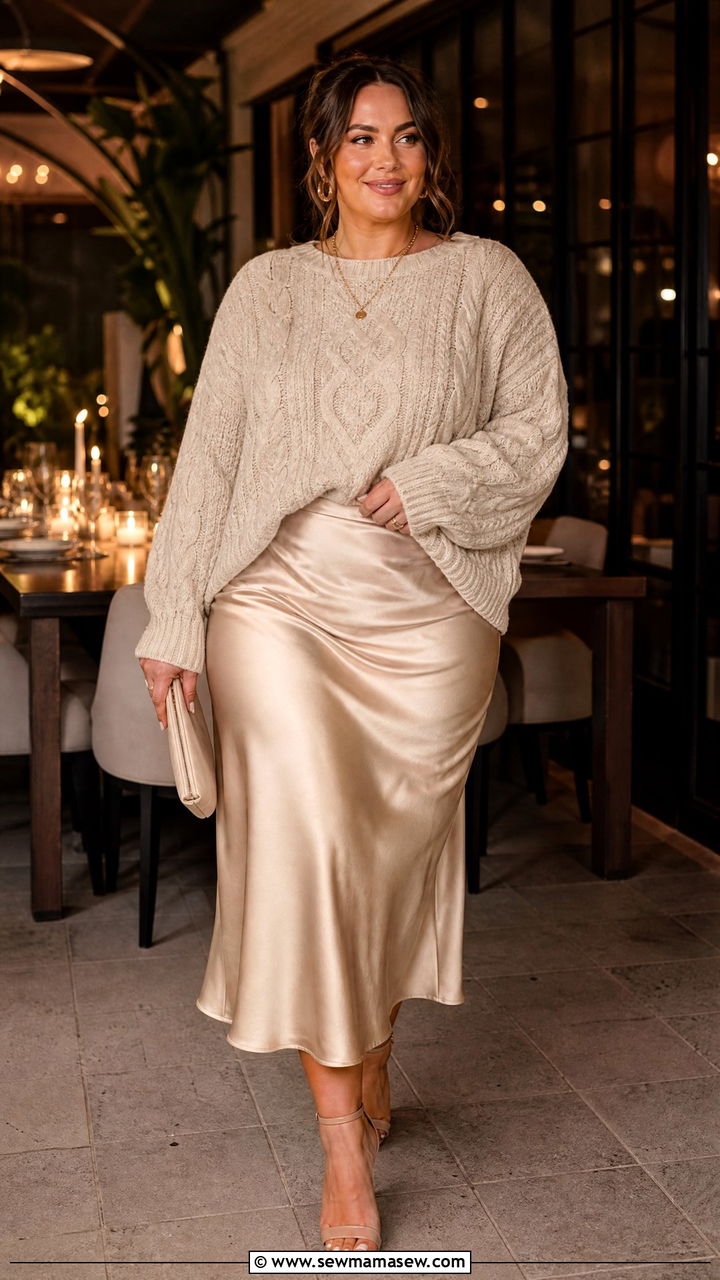 Oatmeal oversized sweater with a satin midi skirt - 30 Clean girl outfit ideas plus size