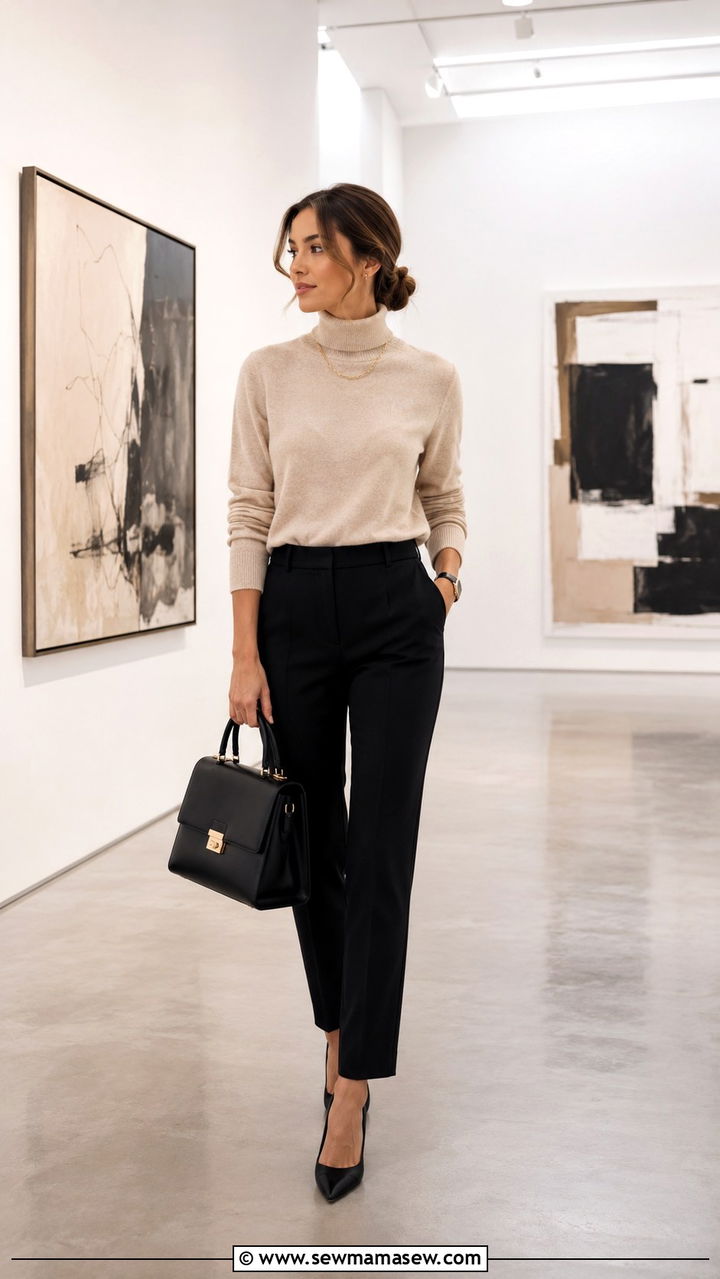 Oatmeal turtleneck and black slim trousers outfit - 30 quiet luxury outfits to copy