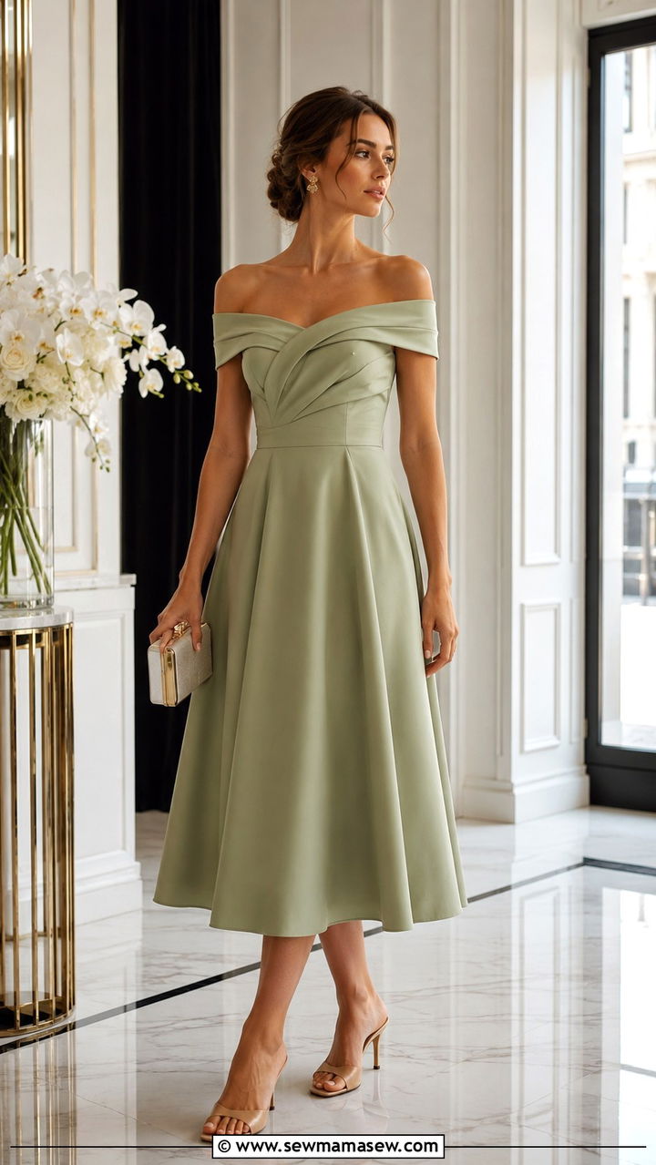 Off Shoulder A Line Dress With Clutch - 25 Wedding guest outfit ideas apple shape